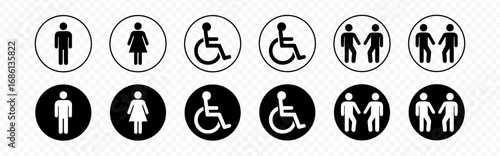Washroom signs. Restroom or toilet door sign set containing gents, ladies, disabled, baby changing. Printable sticker. Transparent vector illustration.