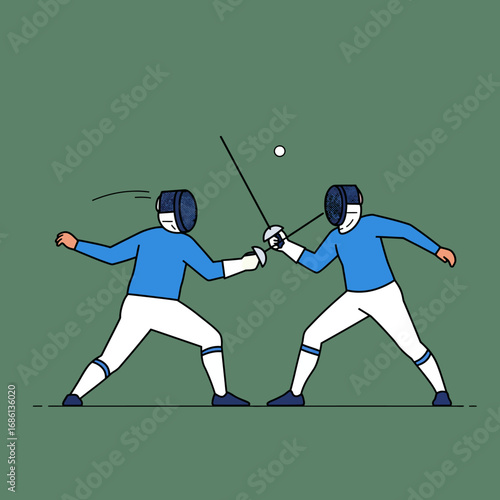 Two fencers engaged in a duel, showcasing the sport of fencing.