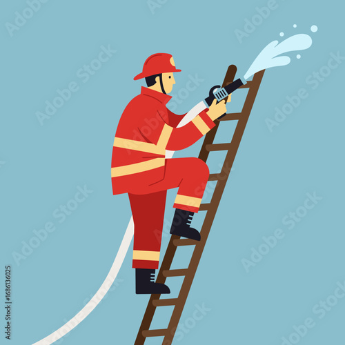 A firefighter on a ladder, spraying water to extinguish a fire.