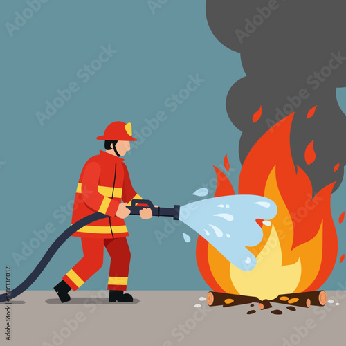 A firefighter extinguishing a fire with water from a hose.