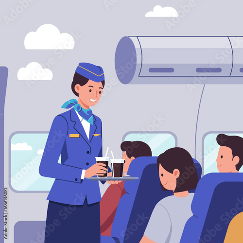 A flight attendant serves drinks to passengers on an airplane.