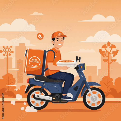 A food delivery person rides a motorcycle, holding a pizza in an urban setting.