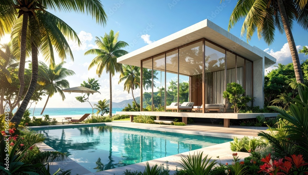 Fototapeta premium Modern Tropical Villa with Pool Surrounded by Lush Palm Trees