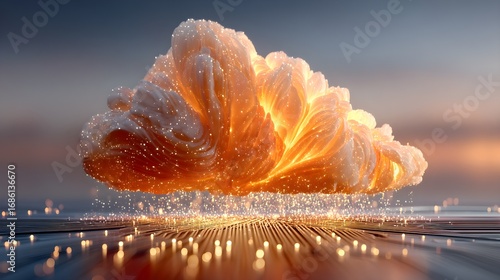 Gradient Purple Golden Orange Neon Blue Particles Scattered Fluffy Digital Cloud Illuminated Soft Sunrise Light Floating Glowing Futuristic Banner Marketing Ecommerce Web Print Copy Spac SEO Optimized