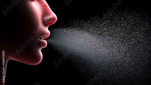 Close-up of a person’s face exhaling visible droplets or mist into the air against a black background, highlighting the texture of the skin and the dispersion of moisture