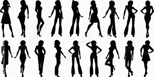 Collection of diverse female silhouettes in various fashionable poses and outfits