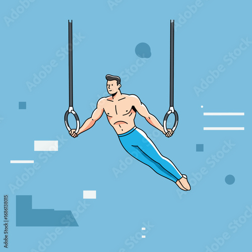 A muscular man performing on gymnastic rings against a blue background.