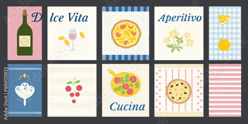 Collection of italian inspired illustrations featuring dolce vita aperitivo cucina lemons cherries herbs and flowers