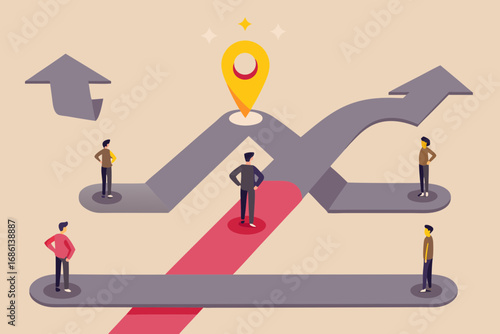 People standing on different paths leading to a central destination marker with arrows indicating direction and progress