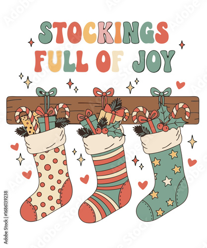 Retro christmas stockings filled with presents candy canes and holly isolated on transparent background