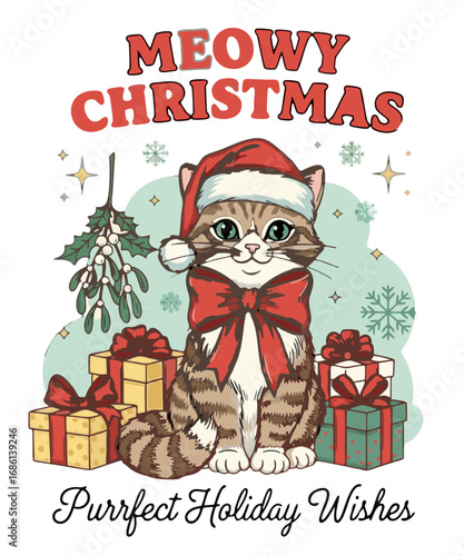 Cute tabby cat wearing a santa hat and red bow surrounded by christmas gifts and mistletoe isolated on transparent background