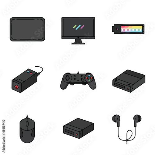 Nine black cartoonstyle illustrations of electronic devices monitor console mouse and headphones