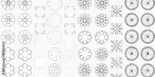 Collection of intricate circular and floral ornamental designs and snowflake motifs in a grayscale artistic style
