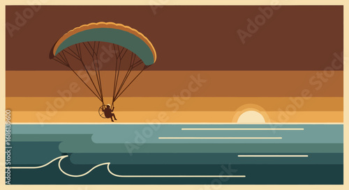 A solitary paraglider soars over a serene ocean at sunset, rendered in a striking, minimalist art style with bold stripes of warm and cool hues