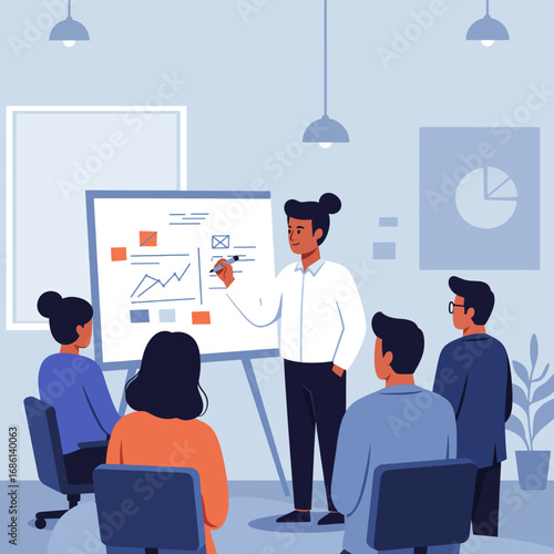 A presentation in a meeting room with a speaker and audience engaged in discussion.