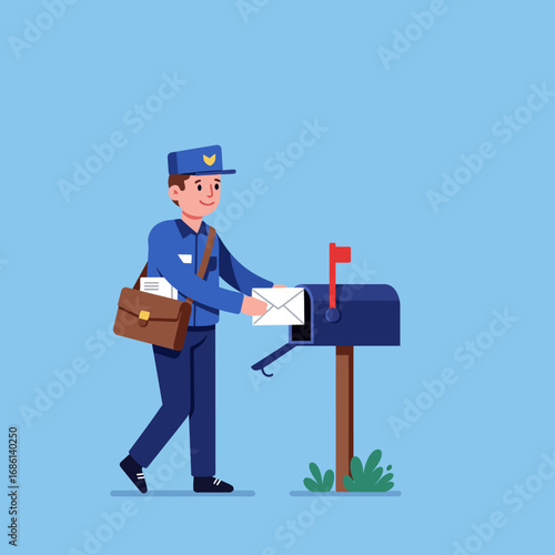 A postal worker delivers mail to a mailbox in a cheerful, illustrated style.