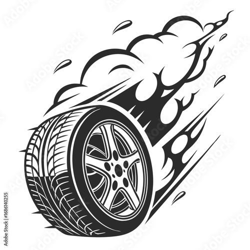 F1 car vector with fiery flames engulfing tire, perfect for sports events promotion, racing enthusiasts designs, and dynamic visuals.
