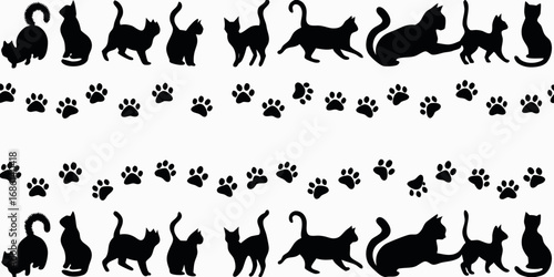 Collection of black cat silhouettes and paw prints on a white background
