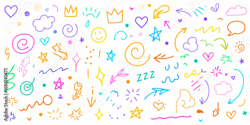 Collection of colorful hand drawn doodle elements including hearts stars clouds arrows and smiley faces