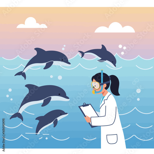 A scientist observes dolphins while taking notes in a marine environment.
