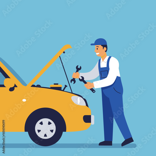 A mechanic working on a yellow car with tools, focused on vehicle maintenance.