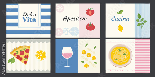 Italian food and drink collage featuring pizza pasta wine tomatoes lemon and herbs with dolce vita aperitivo cucina text