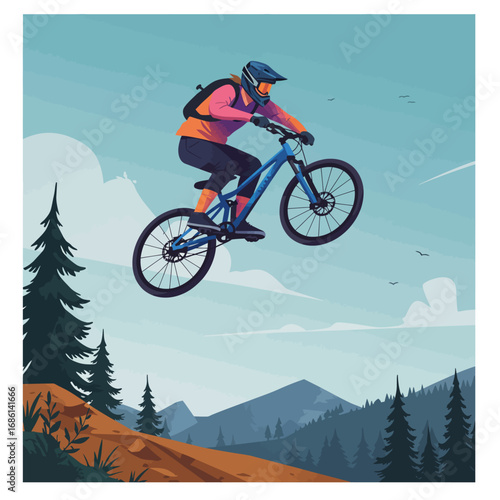 A mountain biker performs a jump in a scenic outdoor environment.