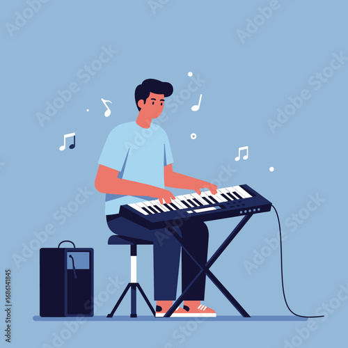 A person playing a keyboard with musical notes around them.