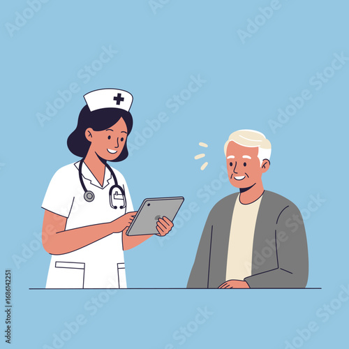 A nurse interacts with an elderly man, showing him information on a tablet.