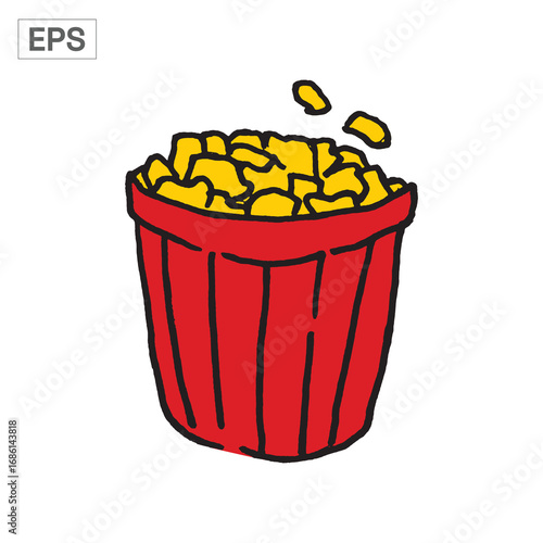 Popcorn overflowing a red container, cartoon style