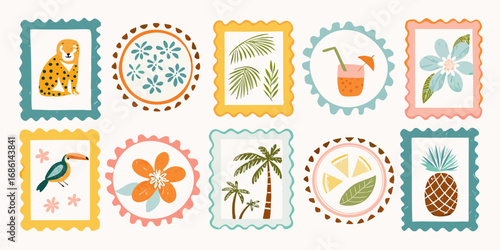 Collection of ten colorful framed illustrations featuring tropical elements like a leopard toucan palm trees flowers and a pineapple