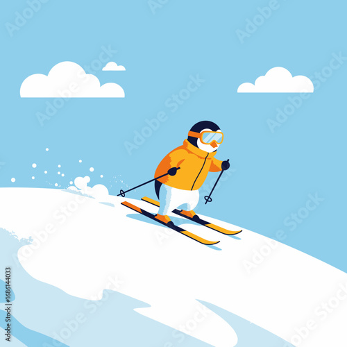 A skier in an orange jacket glides down a snowy slope under a blue sky.