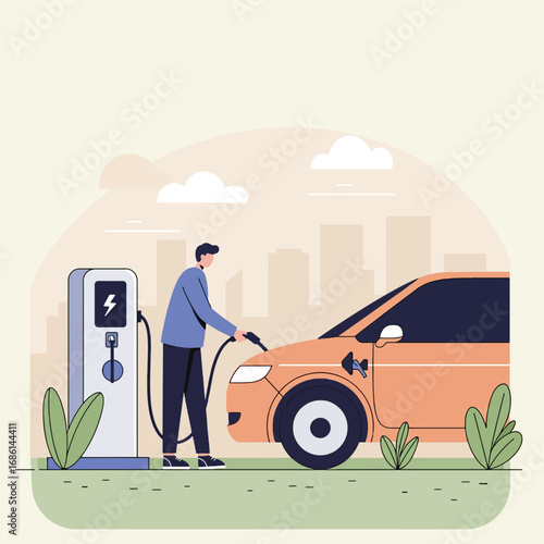 A person charging an electric vehicle at a charging station in an urban setting.