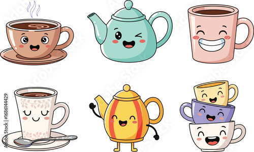 Kawaii coffee and tea cup cartoon illustration set, cute mugs, smiling teapots, espresso, latte, hot drink kawaii artwork