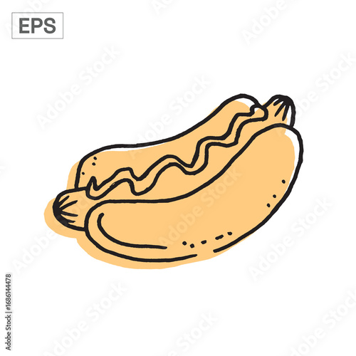 Hot dog with mustard on a bun, cartoon style.