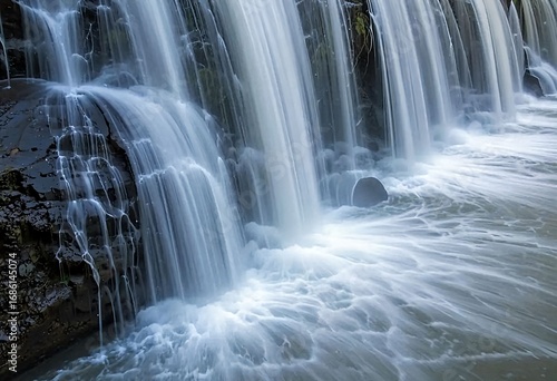 Long Exposure type Photograph of Waterfall Flowing Over Mossy Rocks