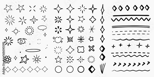 Collection of hand drawn doodle elements stars sparkles lines shapes and symbols