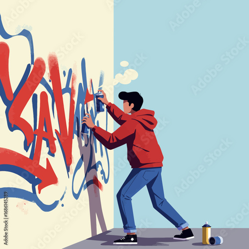 A person spray-painting graffiti on a wall, showcasing urban art and creativity.
