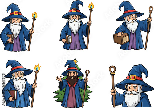 Cartoon wizard character illustration set, fantasy magician with magic staff, book, and hat for games, stories, children, design projects