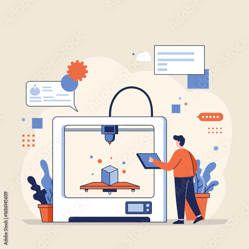 A person operates a 3D printer, creating a geometric object in a modern workspace.