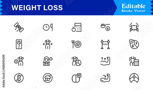 Weight Loss line icon set with modern minimal style, professional health and fitness collection, unique slimming and diet vector icons for clean visual communication, sleek design