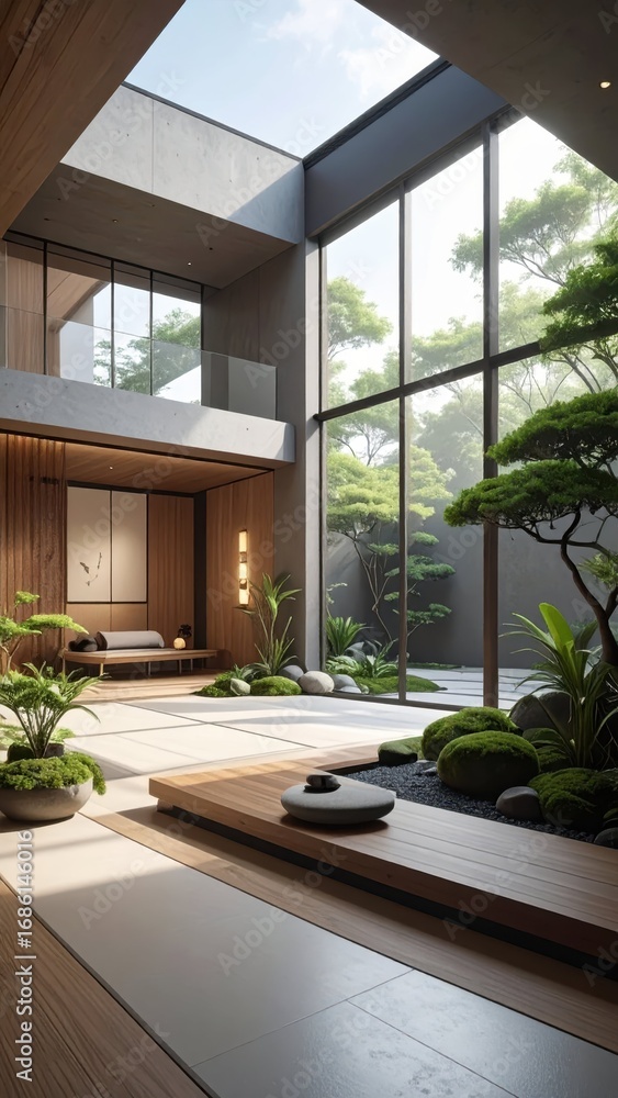 Fototapeta premium Tranquil Indoor Garden with Natural Light and Modern Design Elements