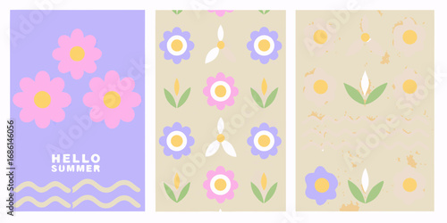 Three panels with cute floral designs and summer greetings