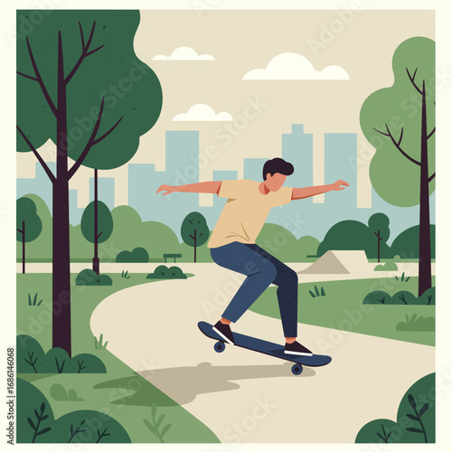 A person skateboards in a park surrounded by trees and a city skyline in the background.