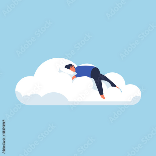 A person sleeping peacefully on a fluffy cloud against a blue sky background.