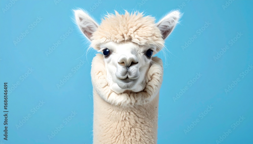 Obraz premium Close-up portrait of a fluffy alpaca against a vibrant blue background. A charming, curious expression