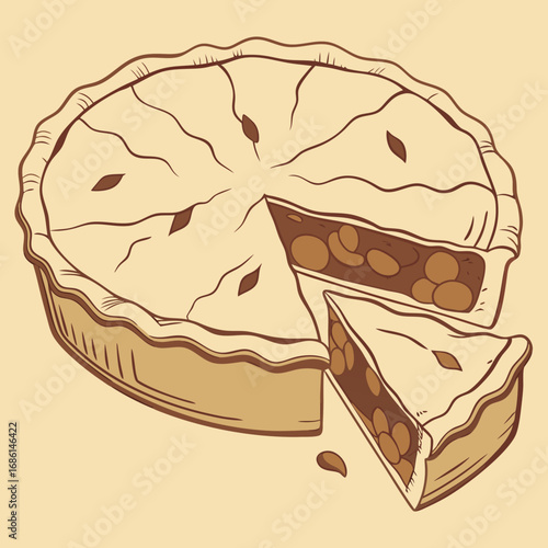 Pumpkin pie vector cut pie with a slice removed, perfect for autumn designs. Delicious illustration suitable for seasonal graphics.