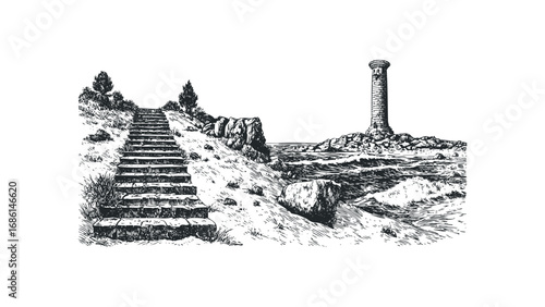 Stone stairs ascend a grassy slope toward a distant lighthouse by the sea. Vector hand drawn illustration