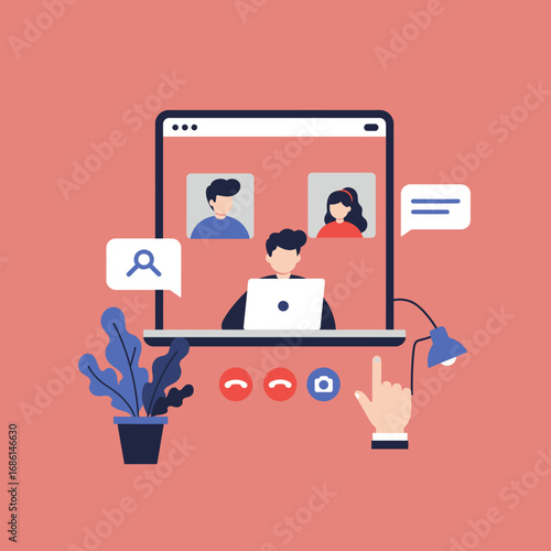 A digital meeting scene with participants and communication elements.