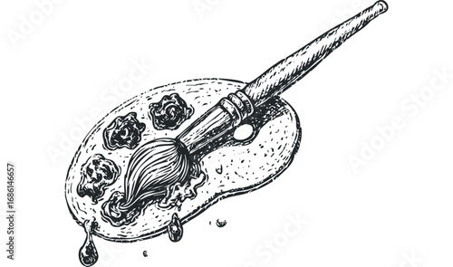 Artist's wooden palette with paint and brush in sketch style. Vector hand drawn illustration